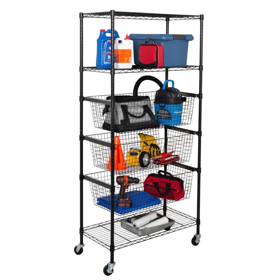 Rolling Adjustable Garage Shelving Unit with 3 Pull-Out Baskets - Black